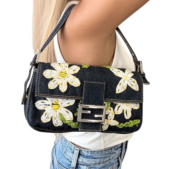 Fendi Handbags - FENDI Vintage FF Logo Mamma Baguette Denim Shoulder Bag Flower Blue [106339]